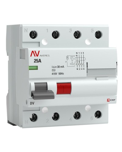DV 4P 25А/ 30мА (AC)  AVERES (rccb-4-25-30-ac-av). Выключатели дифференциального тока (УЗО). EKF в Рязани