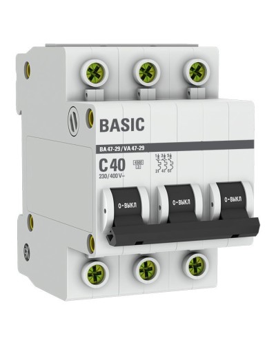 Автоматический выключатель 3P 40А (C) 4,5кА ВА 47-29 Basic (mcb4729-3-40C). Автоматический выключатель. EKF в Рязани