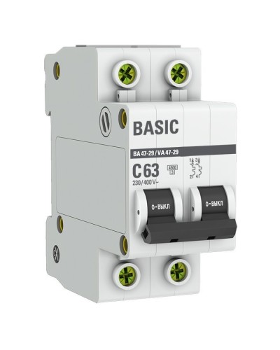Автоматический выключатель 2P 63А (C) 4,5кА ВА 47-29 Basic (mcb4729-2-63C). Автоматический выключатель. EKF в Рязани