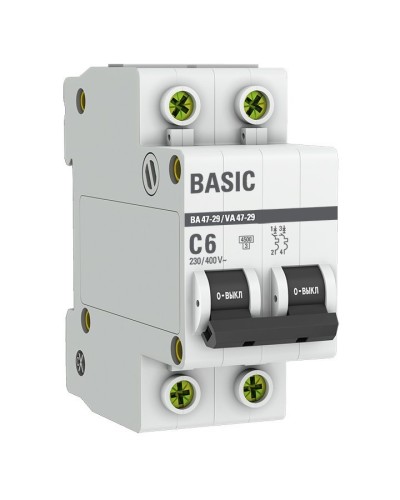 Автоматический выключатель 2P 6А (C) 4,5кА ВА 47-29 Basic (mcb4729-2-06C). Автоматический выключатель. EKF в Рязани