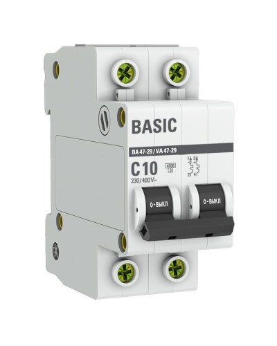 Автоматический выключатель 2P 10А (C) 4,5кА ВА 47-29 Basic (mcb4729-2-10C). Автоматический выключатель. EKF в Рязани