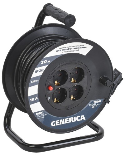 УК20 4 места 2P+PE, 20м GENERICA (WKP10-10-04-20-G). Удлинитель на катушке с термозащитой, 3х1,0кв.мм. IEK в Рязани