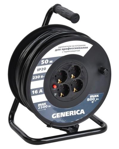 УК50 4 места 2P+PE, 50м GENERICA (WKP20-16-04-50-G). Удлинитель на катушке с термозащитой, 3х1,5кв.мм. IEK в Рязани