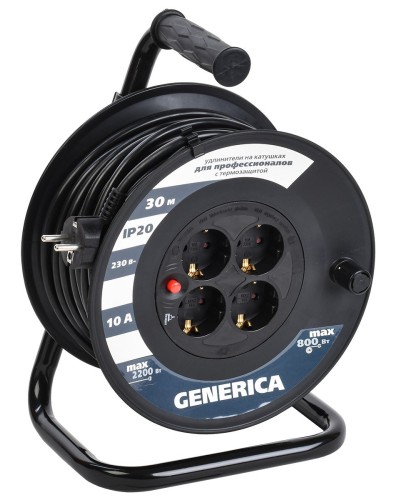 УК30 4 места 2P+PE, 30м GENERICA (WKP10-10-04-30-G). Удлинитель на катушке с термозащитой, 3х1,0кв.мм. IEK в Рязани