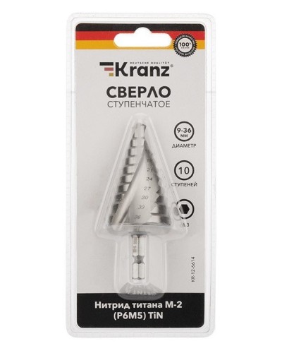 Сверло по металлу ступенчатое ТИТАН 9,0-36,0 мм 110 mm 65 HRC Р6М5 TiN Kranz (KR-12-6614): Сверло по металлу шлифованное в Рязани
