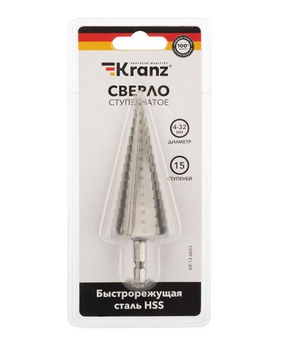 Сверло по металлу ступенчатое 4,0-32,0 мм 102 mm 62 HRC Kranz (KR-12-6603): Сверло по металлу шлифованное в Рязани
