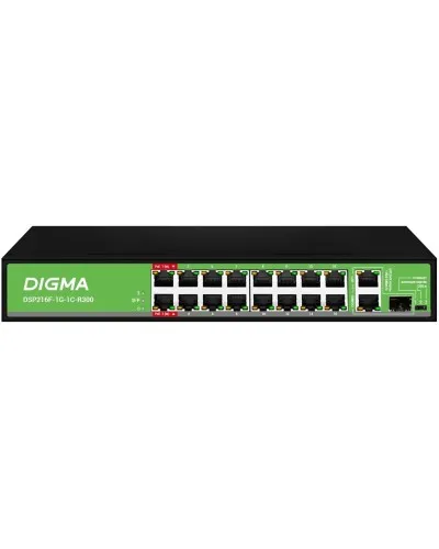 DSP216F-1G-1C-R300 (L2) 16х100Мбит/с 1х1Гбит/с 1хКомбо(1000BASE-T/SFP) 16PoE 16PoE+ 2PoE++ 300W. Коммутатор с питанием по PoE. Digma в Рязани