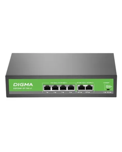 DSP204F-2F-T80 DSP204F-2F-T80 V1 (L2) 6х100Мбит/с 4PoE 4PoE+ 80W. Коммутатор с питанием по PoE. Digma в Рязани