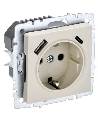 Розетка с з/к с USB A+C 18Вт РЮш11-1-БрКр бежевый BRITE (BR-R14-16-U22-018-K10). Розетка с заземлением с защитными шторками, 18Вт. IEK в Рязани